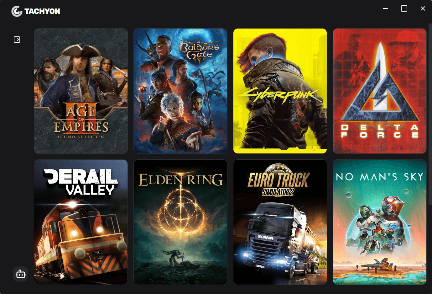Tachyon game library showing detected games