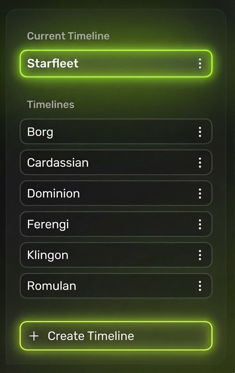Tachyon timeline view showing multiple named timelines for series management