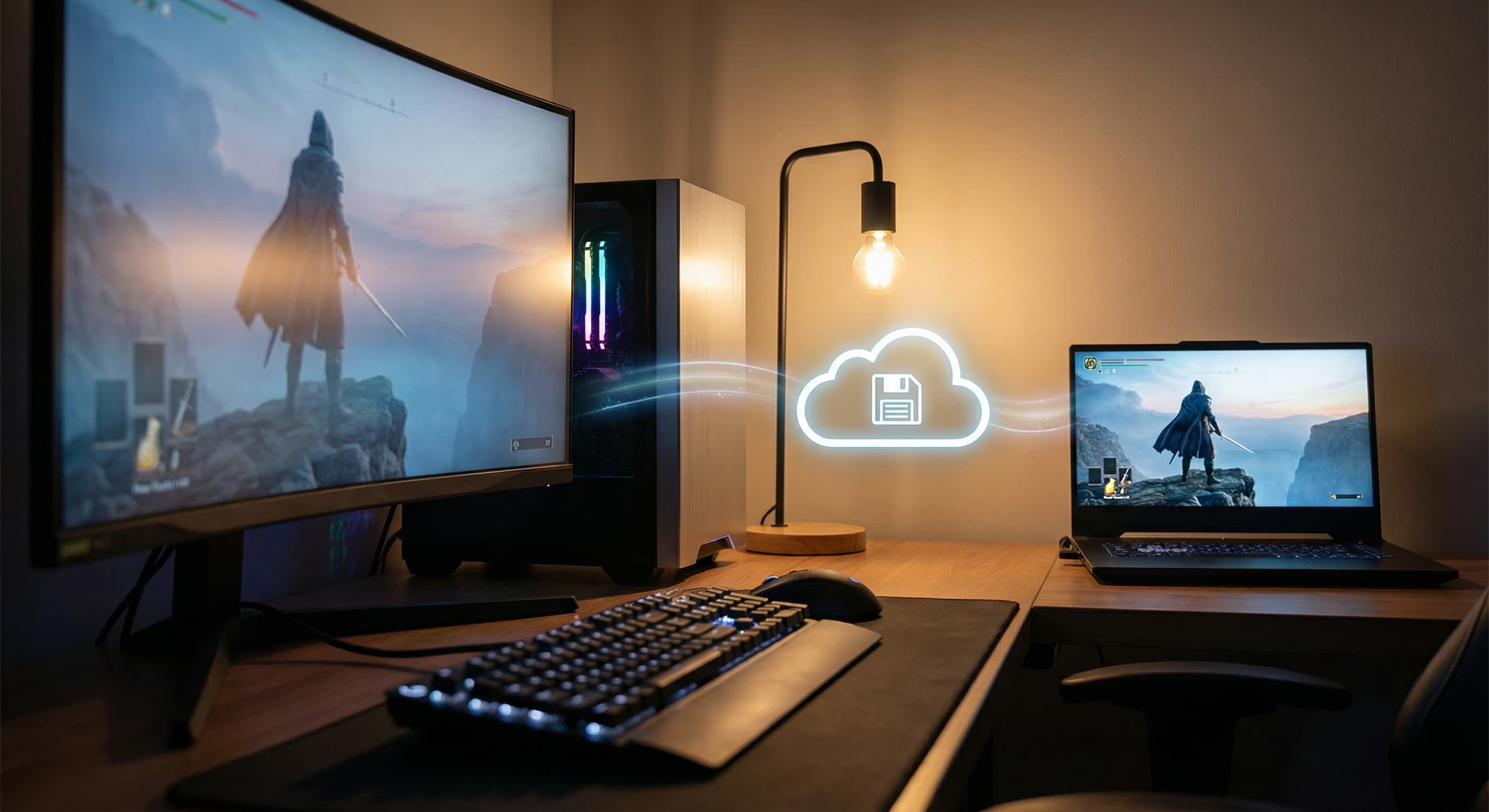 Gaming setup with desktop PC and laptop showing the same game save syncing through the cloud