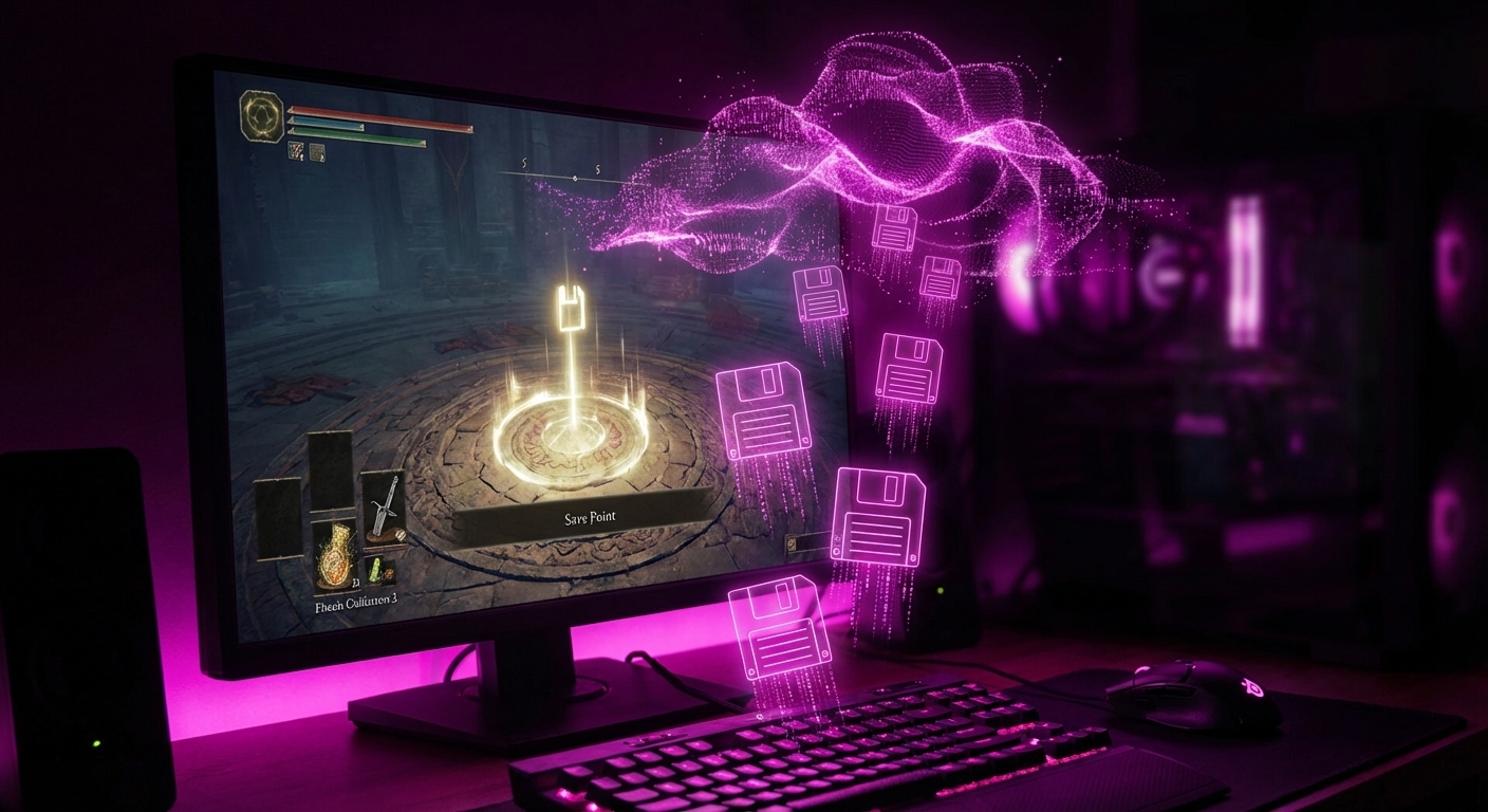 Two devices connected through a glowing cloud sync